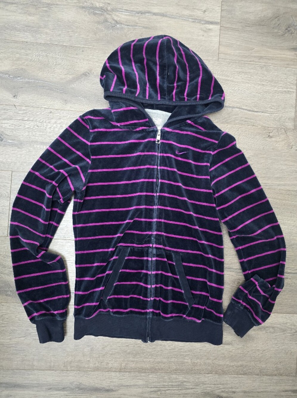 Nike Y2K Black And Pink Striped Velour Fullzip Hoodie Soft Comfy Size Small